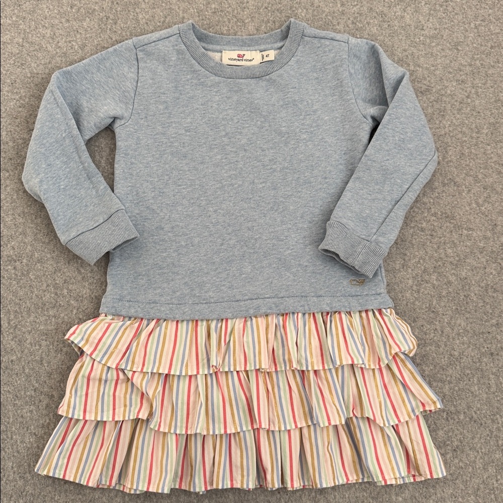 Vineyard Vines Blue Sweatshirt with Striped Ruffle Skirt- 4T